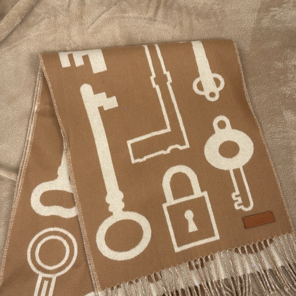 Hermes Cashmere Tan and Cream Key Motif Scarf